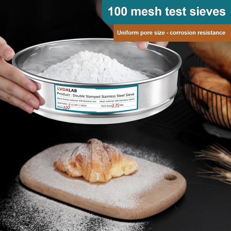 LVDALAB 304 Stainless Steel Lab Sieve Screen Mesh, 100 Mesh (0.15mm) Aperture Test Sieve, 12Inch(30cm) Diameter Economy Standard Analysis Sample Test Sieves for Industrial Laboratory Homes - Image 4